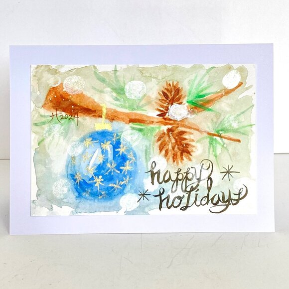 Happy Holidays Christmas Blank Greeting Card Original Handmade Bokeh Watercolor - Picture 1 of 4